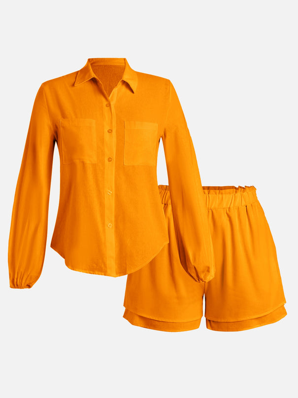 Gartered Sleeve Blouse and Flowy Shorts Set (Orange)