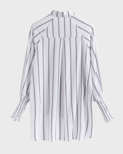 Midsize Lapel Striped Elastic Cuffs Long Sleeve Shirt