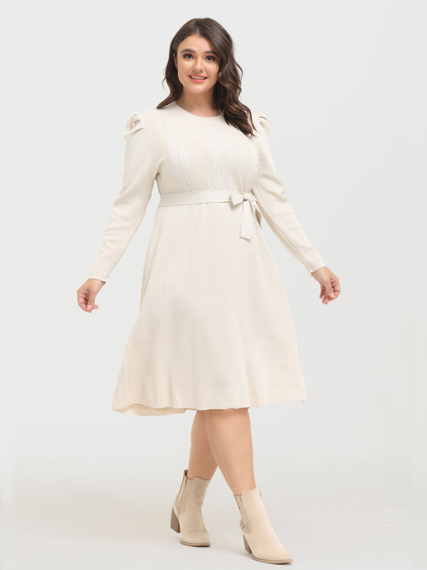 Midsize Slim Puff-Sleeve Knitted Midi Dress with Belt