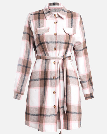 Plaid Strapped Woolen Coat Dress (Coffee Pink)