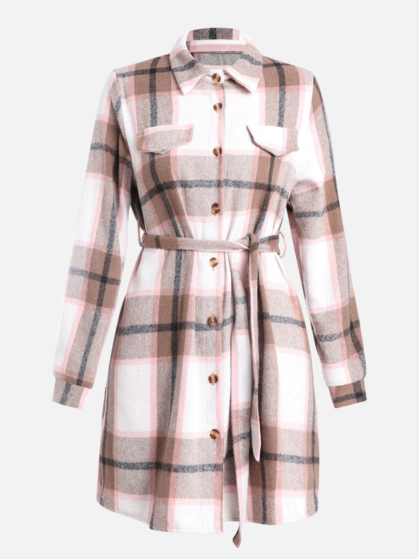 Plaid Strapped Woolen Coat Dress (Coffee Pink)