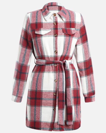 Plaid Strapped Woolen Coat Dress (Maroon Red)