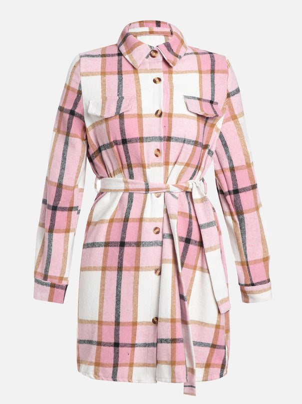 Plaid Strapped Woolen Coat Dress (Pink)