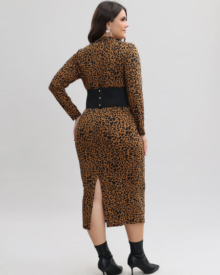 Midsize Leopard Tunic Long Sleeve Dress with Back Split