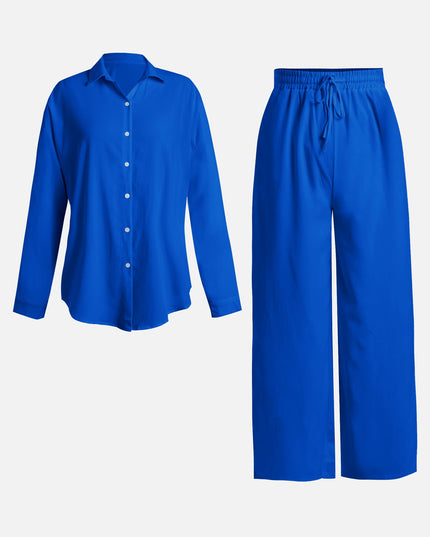 Conjunto top drapeado azul y pantalón ancho