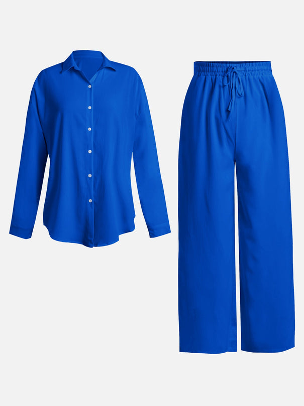 Blue Drape Top & Wide Pants Set