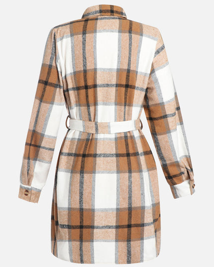 Plaid Strapped Woolen Coat Dress (Canvass Brown)