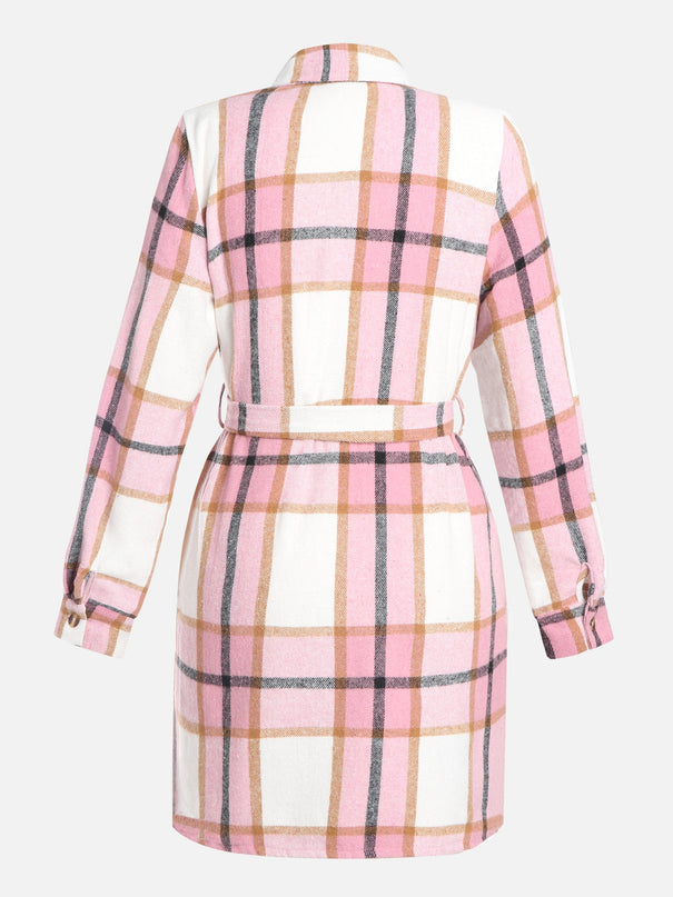 Plaid Strapped Woolen Coat Dress (Pink)