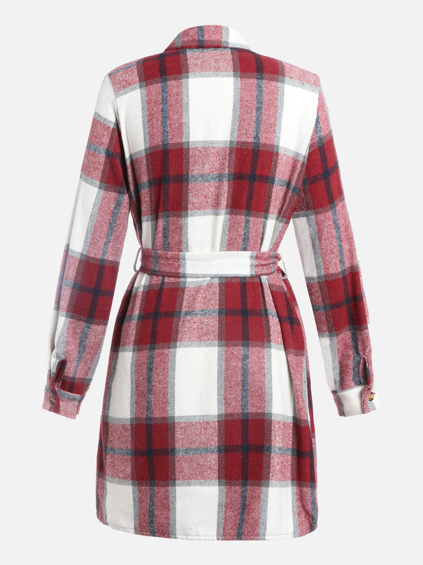 Plaid Strapped Woolen Coat Dress (Maroon Red)