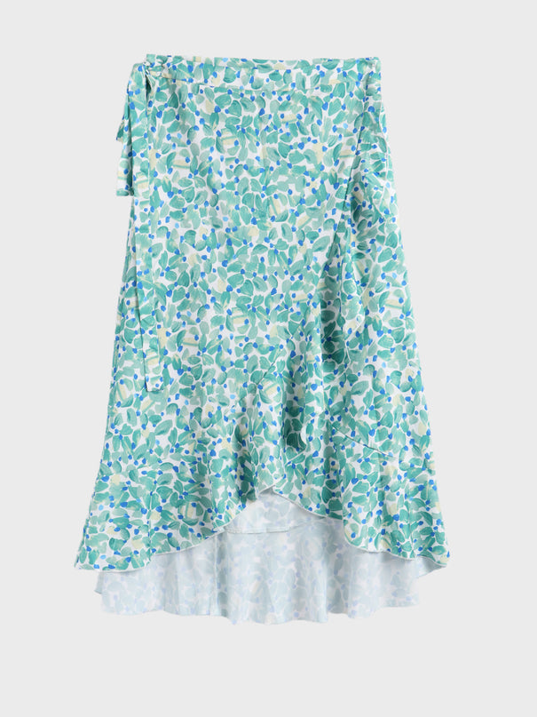Falda midi cruzada con volantes y estampado floral de tamaño mediano 