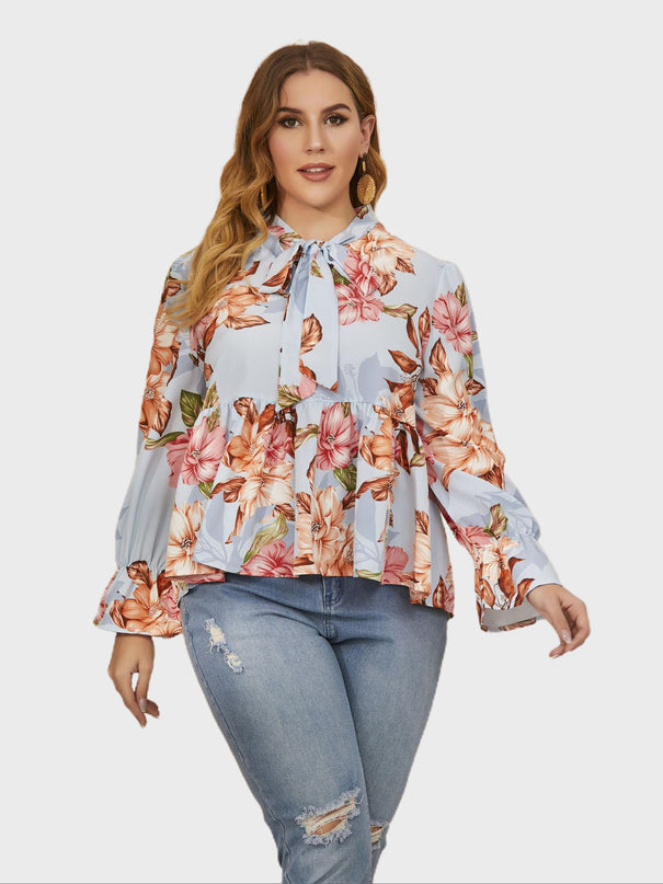 Midsize Floral Print Pussy Bow Blouse