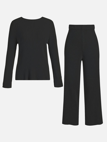 Knitted Two Piece Set O-Neck Loose Sweater & High Waist Wide Leg Pants