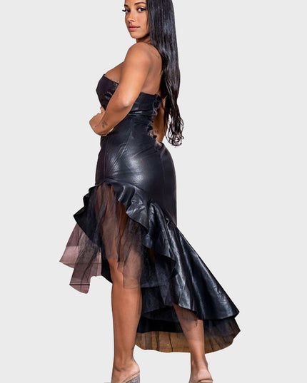 Faux Leather Mesh Ruffle Mullet Dress