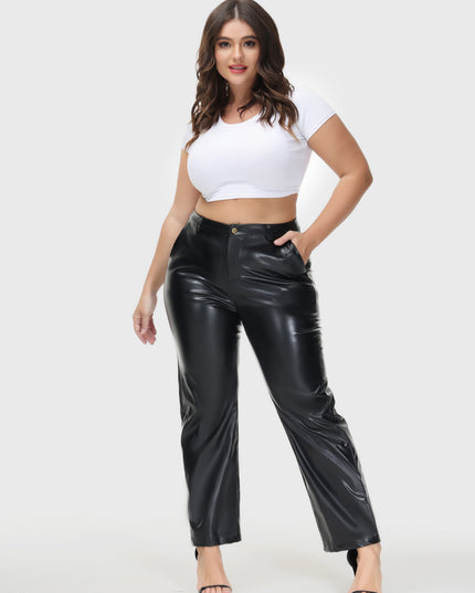 PU Leather Straight Leg Casual Pants with Pockets