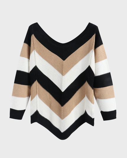 Midsize Roundneck Loose Colorblock Knit Sweater