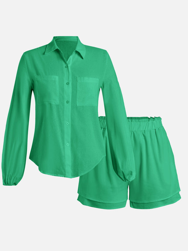 Gartered Sleeve Blouse and Flowy Shorts Set (Green)