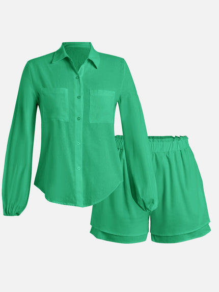 Conjunto de blusa con mangas ligueros y pantalones cortos fluidos (verde)