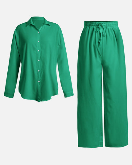 Conjunto top drapeado verde y pantalón ancho