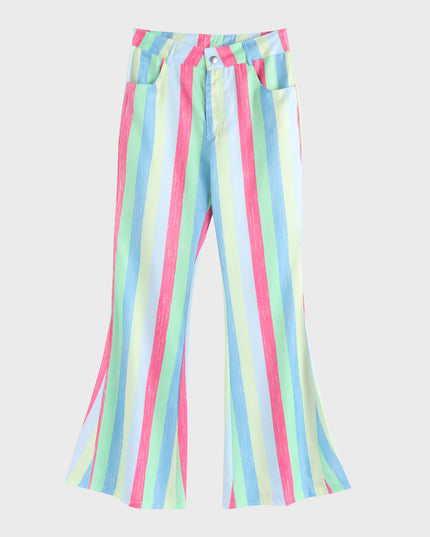 Midsize Mid Rise Striped Colorblock Flared Pants with Pockets