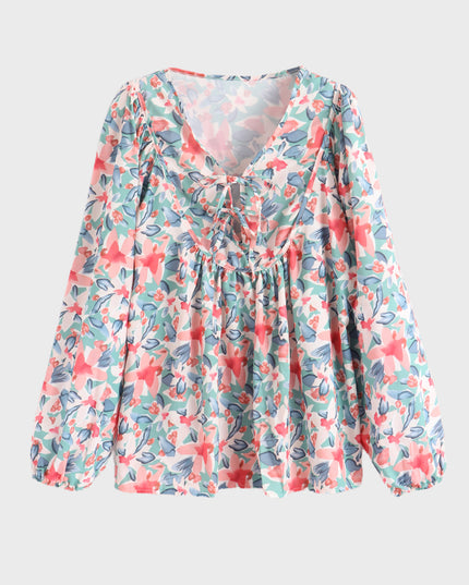 Midsize Floral Ruffle Lace-Up V-Neck Long Sleeve Top