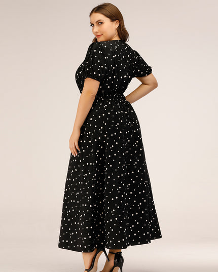 Midsize Square Neck Slimming Polka Dots Maxi Dress