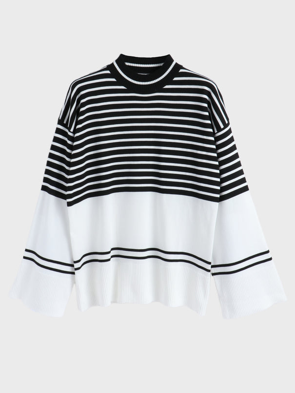 Midsize Loose Turtleneck Striped Knitted Sweater