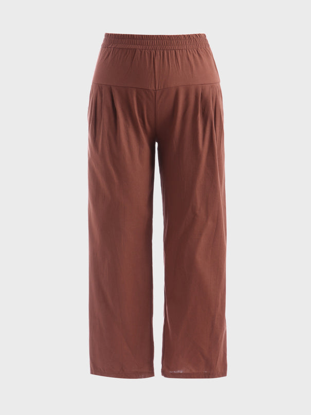 Pantalones de lino de ocio de tamaño mediano con pliegues 