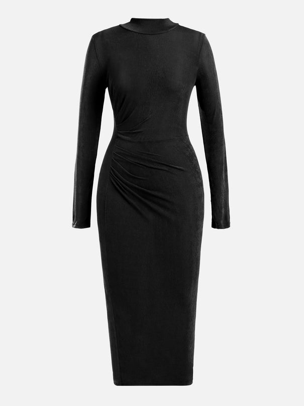 Black Turtleneck Pleated Waist Maxi Dress