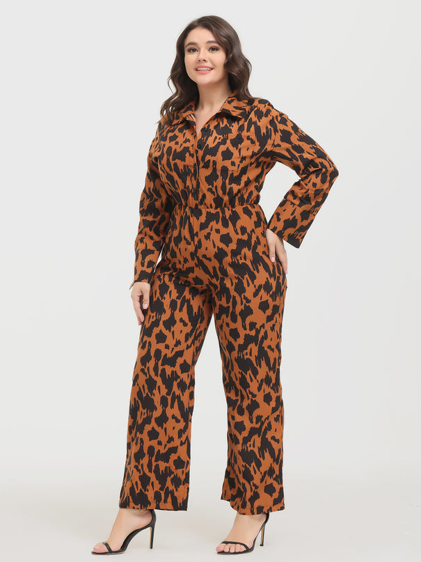 Midsize Fashion Leopard Print Long Sleeve Jumpsuit