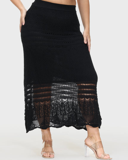 Crocheted Hollow Knit Hip-Wrap Midi Skirt