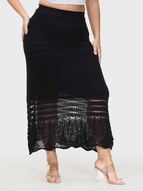 Crocheted Hollow Knit Hip-Wrap Midi Skirt