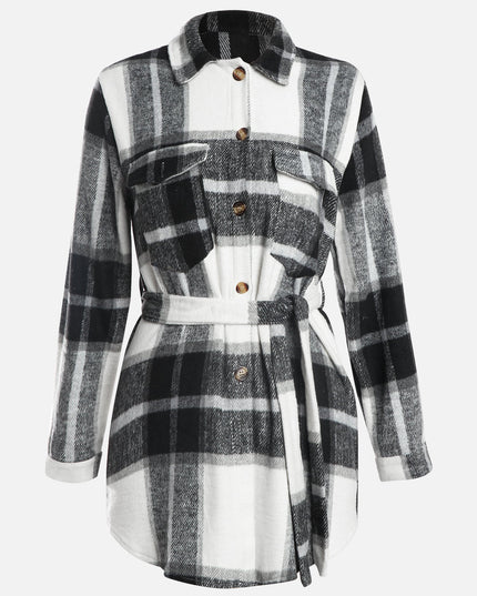 Plaid Thickened Wool Strapped Coat (Black)