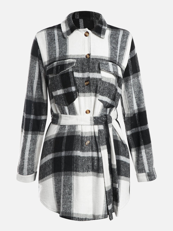Plaid Thickened Wool Strapped Coat (Black)