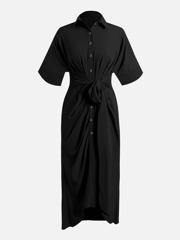Waist Pleated Black Dress