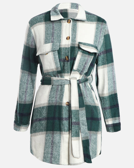 Plaid Thickened Wool Strapped Coat (Deep Jungle Green)