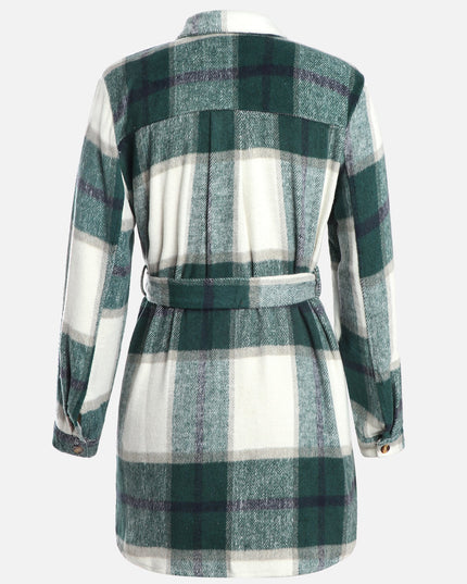 Plaid Thickened Wool Strapped Coat (Deep Jungle Green)
