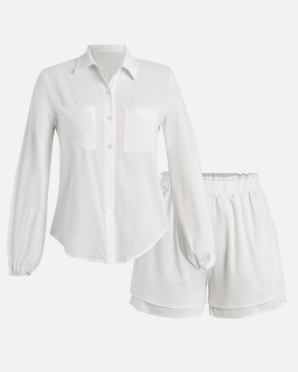 Conjunto de blusa con mangas ligueros y pantalones cortos fluidos (blanco)