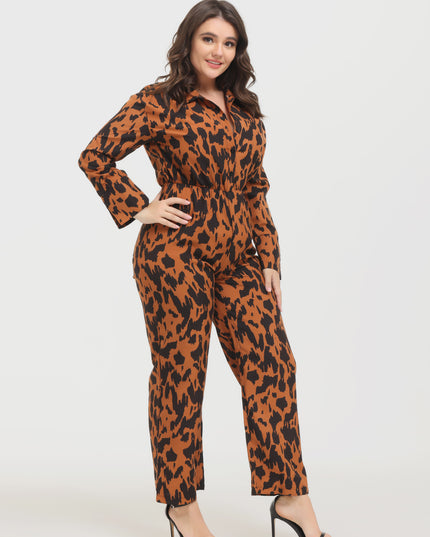 Midsize Fashion Leopard Print Long Sleeve Jumpsuit