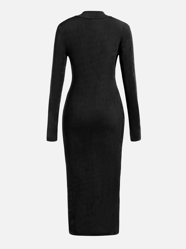 Black Turtleneck Pleated Waist Maxi Dress