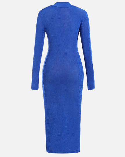Blue Turtleneck Pleated Waist Maxi Dress