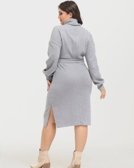 Midsize Turtleneck Lace-up Split Knitted Midi Dress