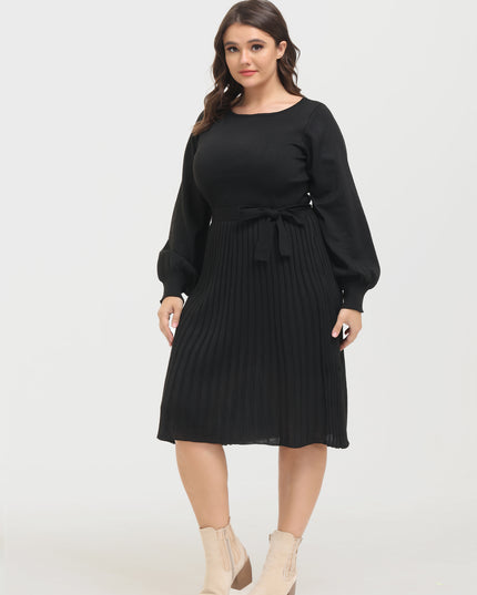 Midsize Puff Sleeve Slim Fit Tie-Up Pleated Knit Dress