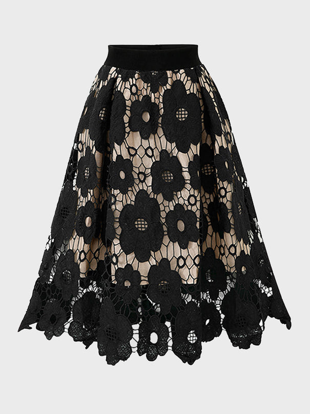 Midsize High Waist Lace Hollow Floral Skirt
