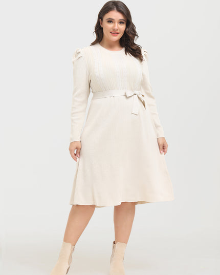 Midsize Slim Puff-Sleeve Knitted Midi Dress with Belt