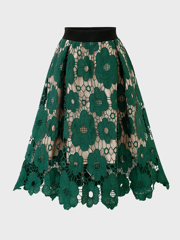 Falda floral hueca de encaje de cintura alta de tamaño mediano 
