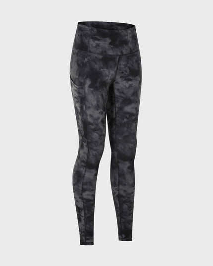 Leggings de yoga estampados suaves de forro polar doble de cintura alta elásticos de tamaño mediano con bolsillos 