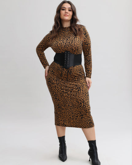 Vestido mediano de manga larga con túnica de leopardo y abertura en la espalda 