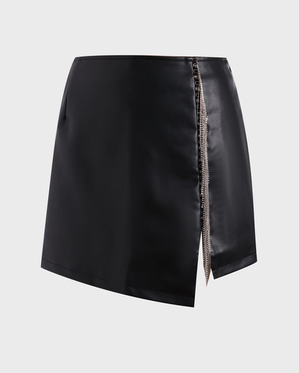 Midsize Fringe Stretch Leather Skirt with Side Split