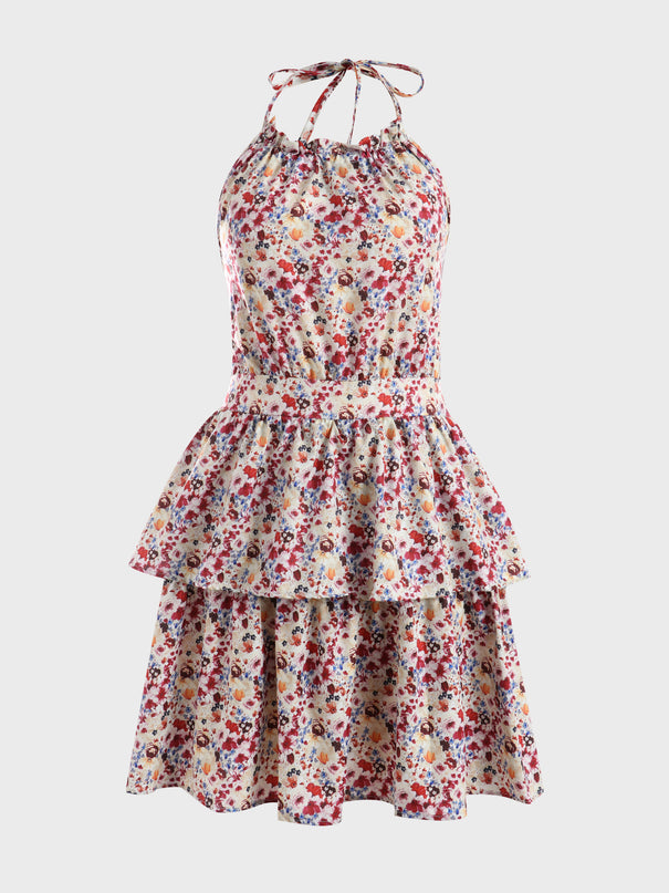 Midsize Alluring Floral Print Tiered Halter Dress