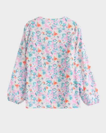 Midsize Floral Ruffle Lace-Up V-Neck Long Sleeve Top